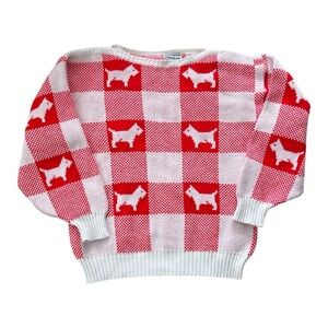 Vintage Andrew St. John Scottie Dog Sweater Checker Print Red White Women Large